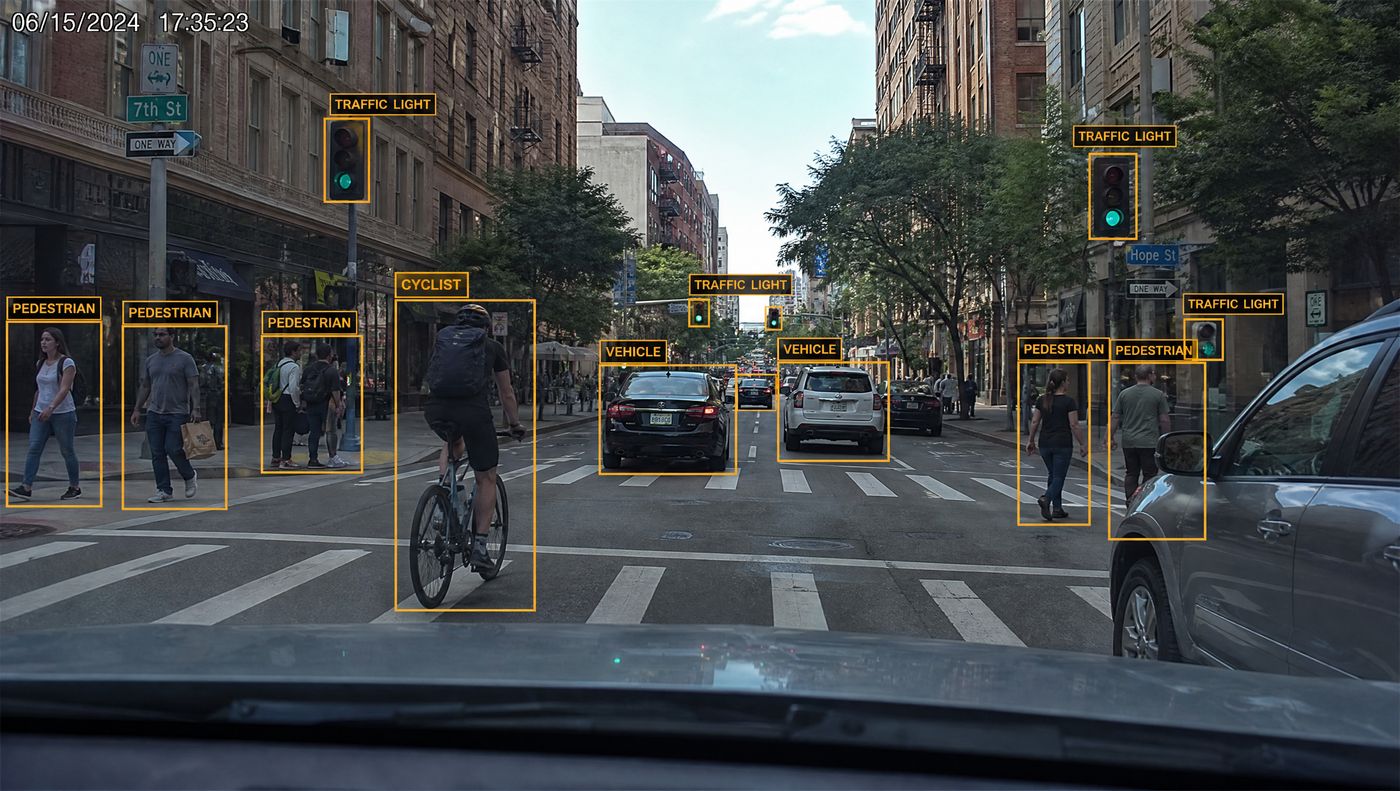 Annotated street scene with detection boxes