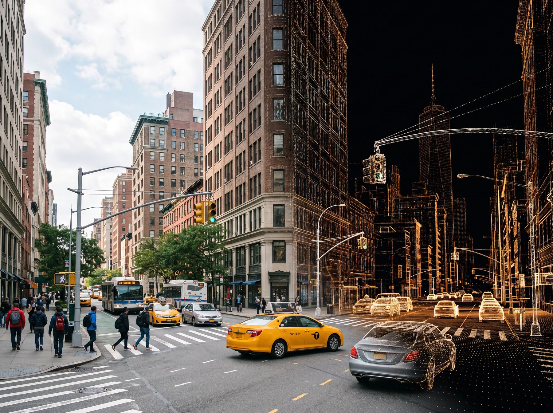 City street scene half real photography, half dissolving into a point-cloud simulation
